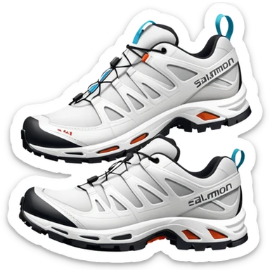 Super simplified pair of white Salomon XT-6 shoes, flat design iOS emoji style, minimal approach with only the most essential details, one positioned behind the other sticker