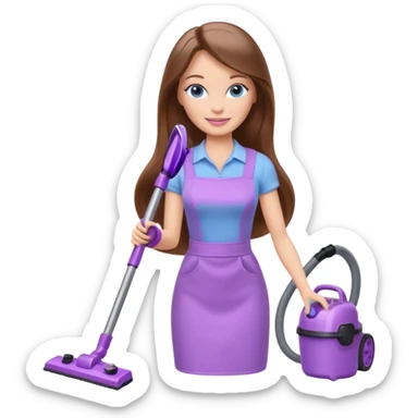 beautiful barbie girl with long brown hair, blue eyes and wearing light purple clothes, cleaning and vacuuming sticker