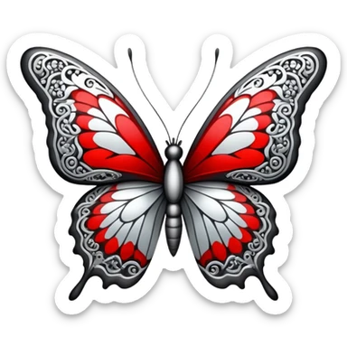 butterfly black and silver with intricate red and white patterns  sticker