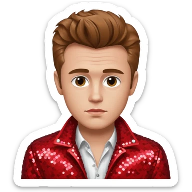 James Dean with light brown hair, red sequin jacket, white shirt sticker
