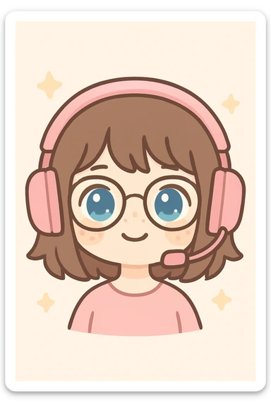 chibi woman with shoulder length choppy brown hair, pink gaming headset, freckles, glasses, and blue eyes sticker