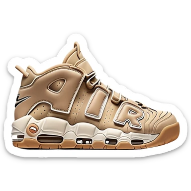 Minimalist beige Nike Air More Uptempo sneakers with one sneaker positioned behind the other, clean simple design with AIR lettering sticker