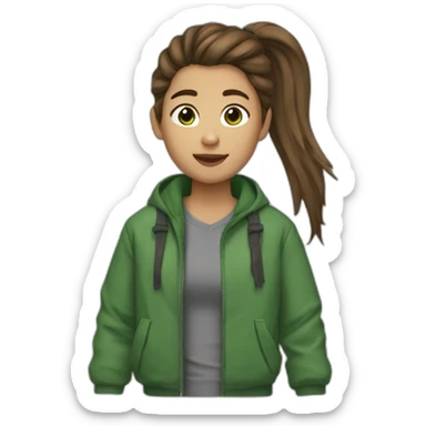 Ponytail brown hair, brown eyes, grey tshirt and green puff jacket sticker