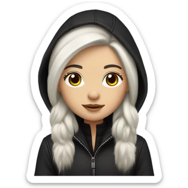 White-skinned hair with hazel eyes and dark long straight hair wearing black jacket a fur hood sticker