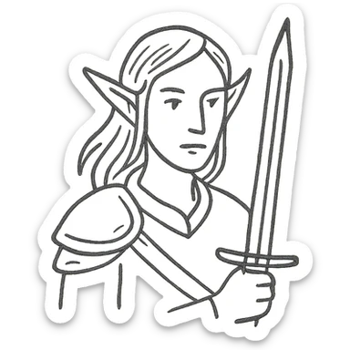 elven warrior, hand-drawn outlined icon, delicate sketchy lines, expressive sticker