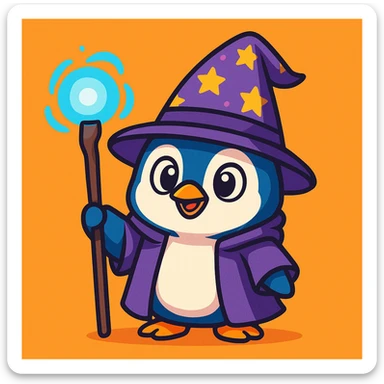 cute penguin dressed as a wizard, wearing a pointed hat and holding a magic staff, vibrant cartoon style sticker
