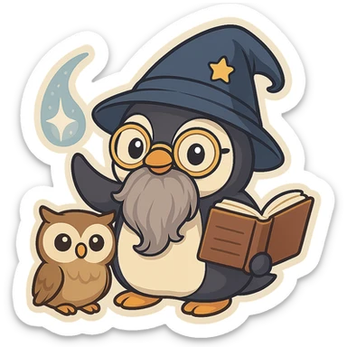 Add a cute pet owl next to the penguin wizard, keeping the whimsical chibi sticker style, with no background. sticker