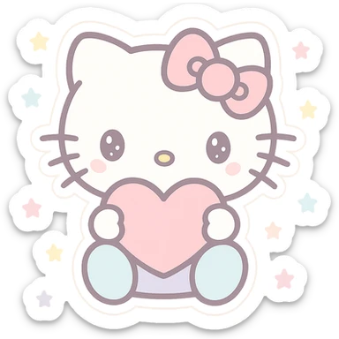 Hello KITTY as a sticker, kawaii style, holding a heart, pastel colors, outlined sticker