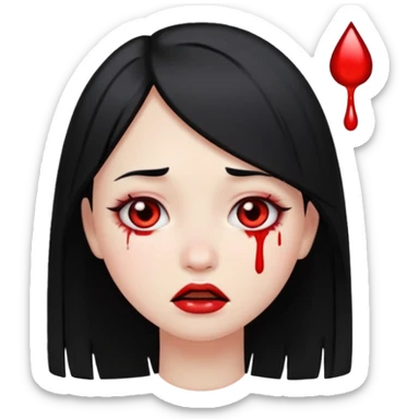 pale girl with black straight hair, tears of blood, emoji style sticker