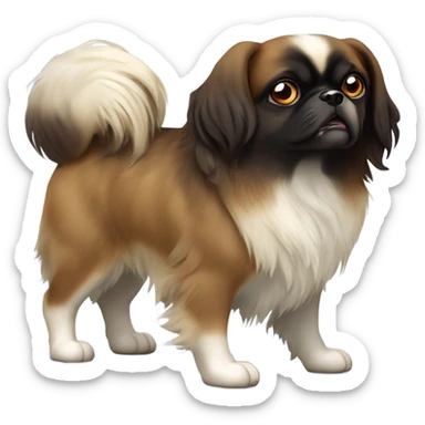 Tibetan Spaniel, dark brown face framed by floppy ears. Brown muzzle.black eyes and dark nose, giving it an alert, curious expression. body mostly white with brown patches and soft, medium-length fur. tail curls upwards, covered in feathery fur sticker