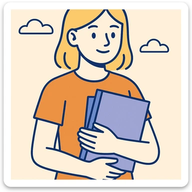 blonde girl in an orange t-shirt holding folders, modern flat illustration sticker