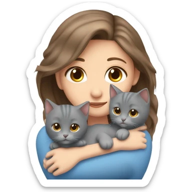 blue eyes grey kitten with two brown hair girls hugs sticker