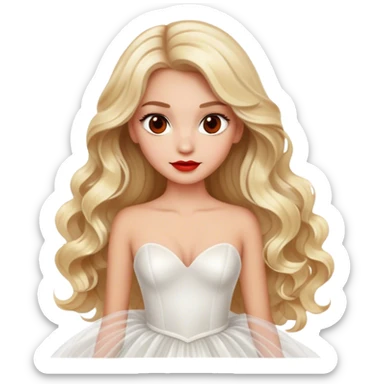 blonde model, brown eyes, long wavy hair, red carpet glam, white tulle gown sticker