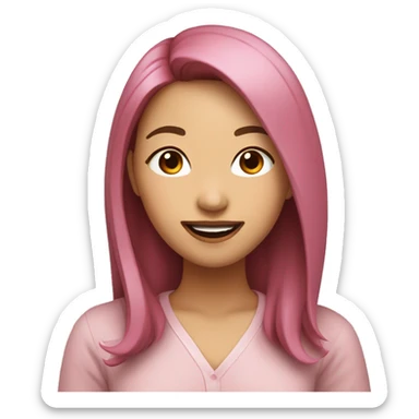 Asian woman with shoulder-length pink and brown hair, smiling with full lips, making a peace sign with her fingers sticker