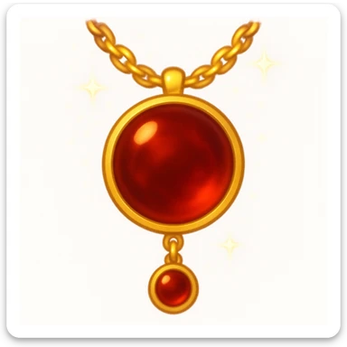 Make the garnet round and glowing wine-red, pulsing with ancient passion and quiet strength, golden chain shimmers like starlight, ethereal and moving, in emoji style sticker