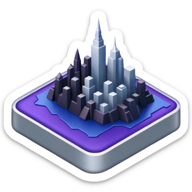 Landmark above the map. Colors: dark purple, dark blue, black, silver. Style: metallic, realistic sticker
