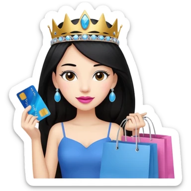 Girl with long black hair and tiara pink lipstick, brown eyes holding shopping bags and blue credit card sticker