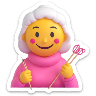 3D smiley emoji, round shape, grandmother with knitting needles, pink color, smiling face sticker