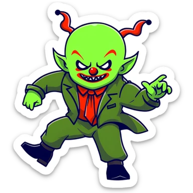 evil clown warrior, bald, small black satan-like horns on forehead, fangs, pointed ears, black and military green leisure suit with bellbottom pants, realistically proportioned, less bulky, full body, battle-ready fighting posture sticker