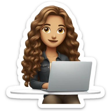 beautiful girl with long brown hair, wavy hair, with laptop sticker