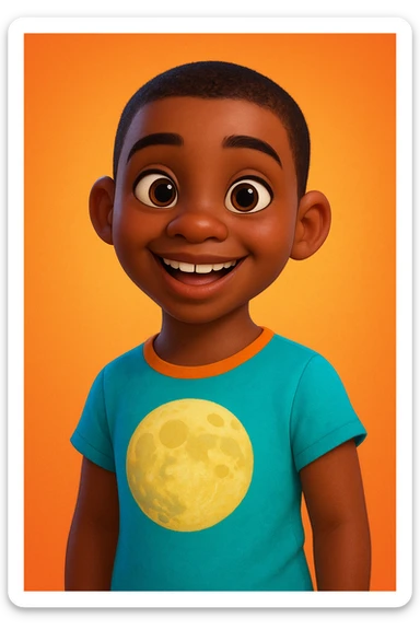 Pixar style young dark-skinned girl with very short masculine hair, wearing a t-shirt with a moon design sticker