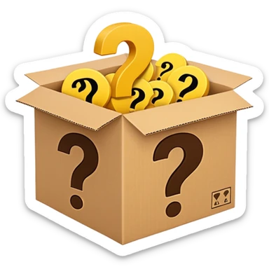 amazon box printed with q&a over stuffed with yellow question marks sticker