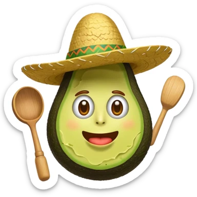 playful avocado in guacamole, with a sombrero and a mallet above its head, iOS emoji style sticker
