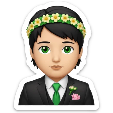 black haired green eyes very plump lips and floral headband that makes his hair look behind nicole peltz at wedding sticker