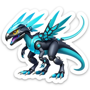 Shiny Futuristic Celestial Fakemon-Pokemon-Digimon-Spectrobes-Raptor-fusion, full body, four legs, black body, cyan accents, scales sticker