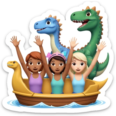 4 chicas montadas en una atraccion de levantando la mano con orejas de dines puestas en una atracción, la barca esta diseñada con dibujos de frozen sticker