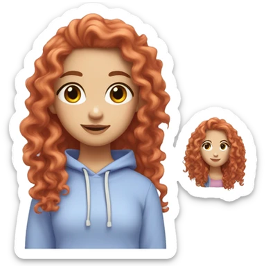 a white girl with long red curly hair, wearing a pastel periwinkle hoodie doing a pose sticker