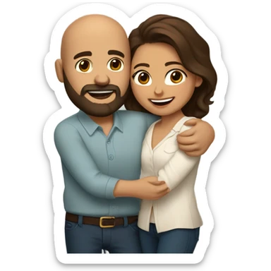 Brown-haired Puerto Rican woman with dark brown eyes wearing a cute blouse giving a comforting hug to a short, bald man with brown eyes, laugh lines, and a beard sticker
