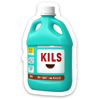 Turquoise Mouthwash bottle with white stickers and brown tap , the white stickers have red letters that say kills 99% of batería  sticker