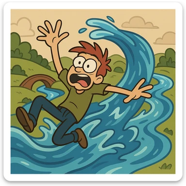 Show the flowing water as a cartoon river, with exaggerated motion, winding through a landscape, in a flat toon style. sticker