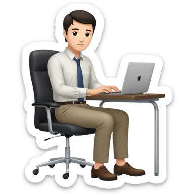 Rich man sitting on a office chair, working at desk, looking to laptop in shirt, dark hair, he is german very beautiful looks like, full body view sticker