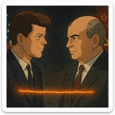 realistic illustration of John F. Kennedy and Mikhail Gorbachev facing each other, a glowing hot wire connecting them, US and Russian flags, tense Cold War atmosphere sticker