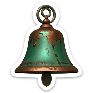 3D render of Church Bell, heavily oxidized copper texture, verdigris patina, Green weathered metal surface, weathered bronze aesthetic, ancient decay, emoji style, isolated on white background --v 6.0. sticker