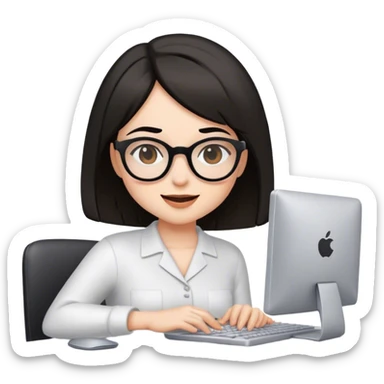 girl with black brown bob hair wearing glasses is winking while working on a computer sticker