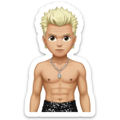 Billy Idol with platinum blonde hair, black sequin baggy pants, shirtless with necklace sticker