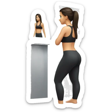 Side view of one fit brunette girl standing on a bathroom scale, looking down, wearing black leggings and a sports bra sticker