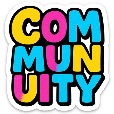 the word 'Community' in a square, playful rounded font, colorful, friendly, suitable for a sticker or app icon sticker