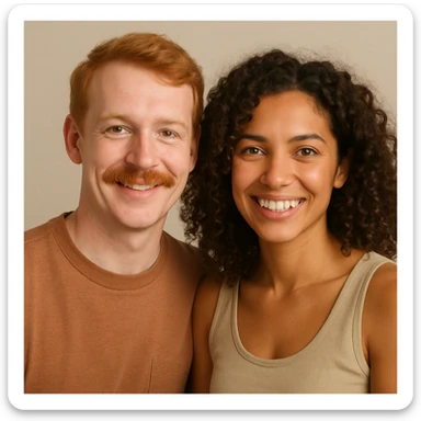 ginger man with brown eyes and a ginger mustache, next to a brown curly haired woman with green eyes and tan skin, both smiling, upper body, neutral background sticker
