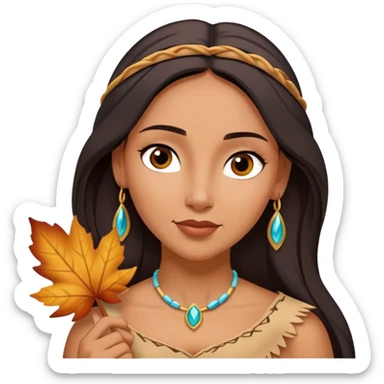 Cinematic Playful Pocahontas Portrait Emoji, Tilting her head with a knowing smirk, holding a delicate autumn leaf, eyes glimmering with adventure, an enchanting blend of confidence and charm, absolutely captivating! sticker