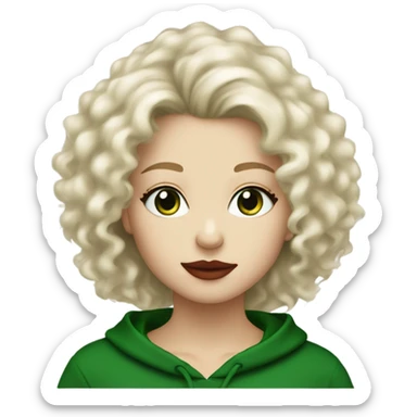 A beautiful white blond girl with fluffy hair, long length, red lips, green eyes, black hoody sticker