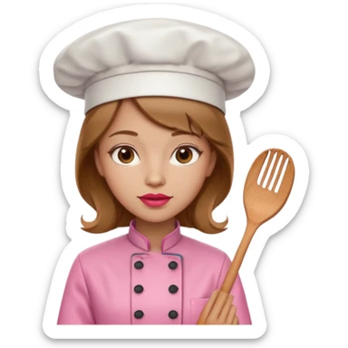 Girl in pink chef outfit, light brown hair, light skin, red lipstick sticker