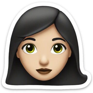 A girl has white skin, black hair and green eyes. Her lips are red sticker