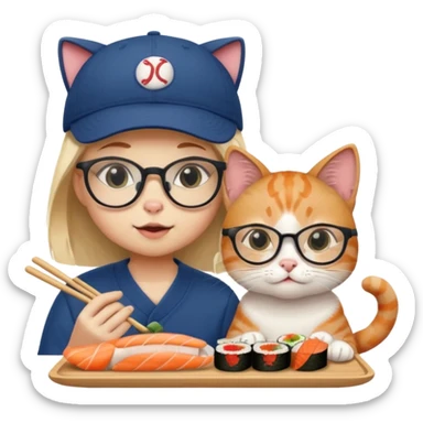 cute girl cat wearing glasses and a cute boy cat wearing a baseball cap eating sushi together sticker