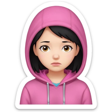 a portrait of sad girl, black hair, wear pink hoodie  sticker