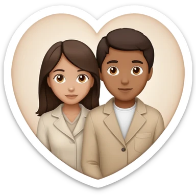 A couple with dark brown hair and mixed skin tone inside a white heart, wearing beige clothes sticker