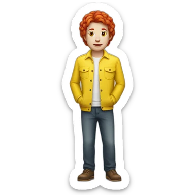 A person dressed in yellow, with red hair and white skin sticker